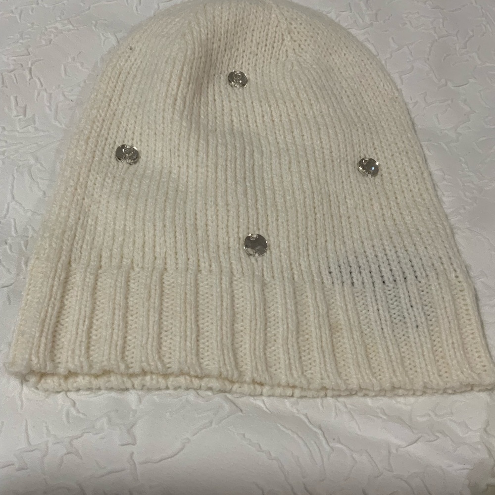 Like new Victoria’s Secret cream with gems beanie and infinity scarf set
